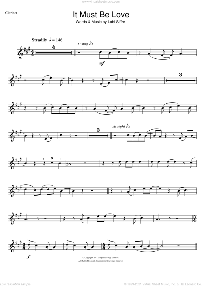 It Must Be Love sheet music for clarinet solo by Madness and Labi Siffre, intermediate skill level