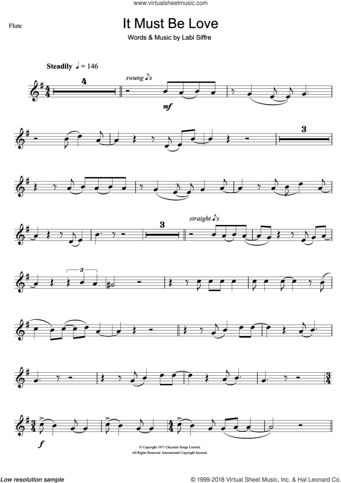 It Must Be Love sheet music for flute solo by Madness and Labi Siffre, intermediate skill level