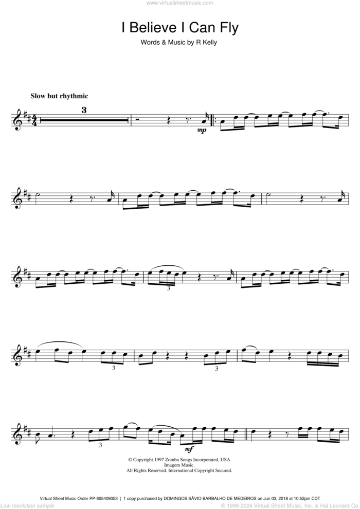 I Believe I Can Fly sheet music for flute solo by Robert Kelly, intermediate skill level