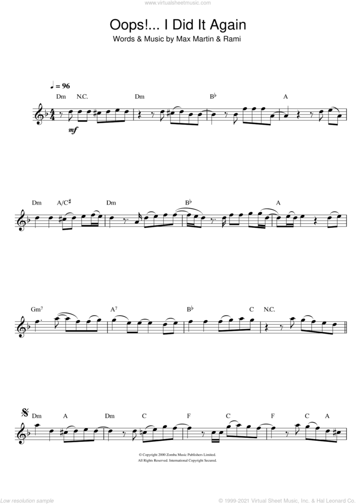 Oops! I Did It Again sheet music for flute solo by Britney Spears, Max Martin and Rami, intermediate skill level