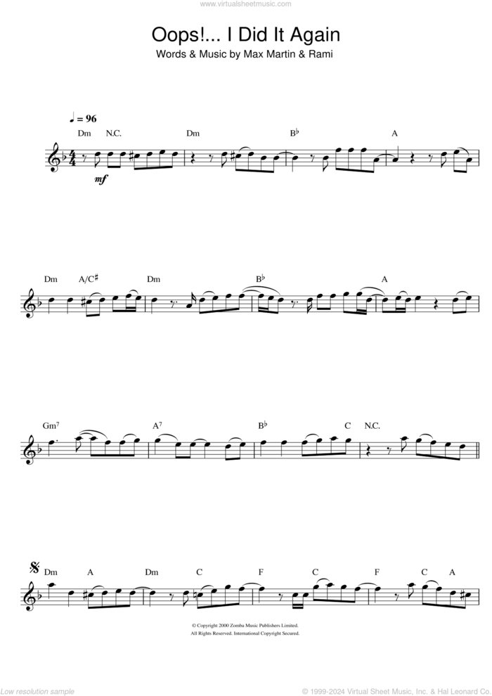 Oops! I Did It Again sheet music for flute solo by Britney Spears, Max Martin and Rami, intermediate skill level