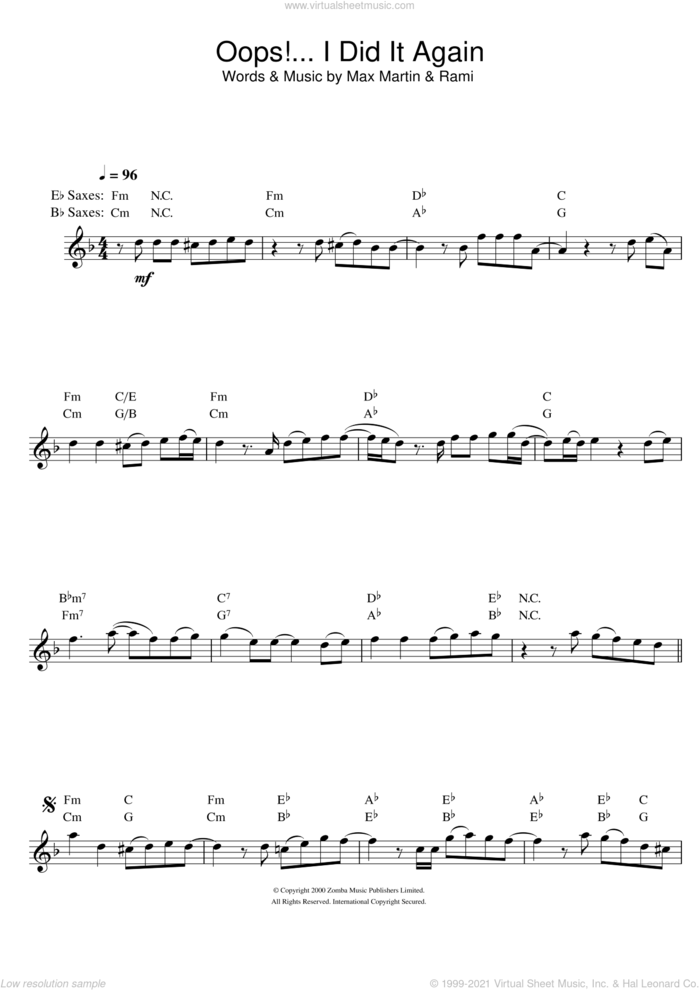 Oops! I Did It Again sheet music for saxophone solo by Britney Spears, Max Martin and Rami, intermediate skill level