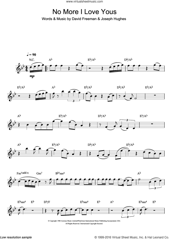 No More I Love Yous sheet music for clarinet solo by Annie Lennox, David Freeman and Joseph Hughes, intermediate skill level