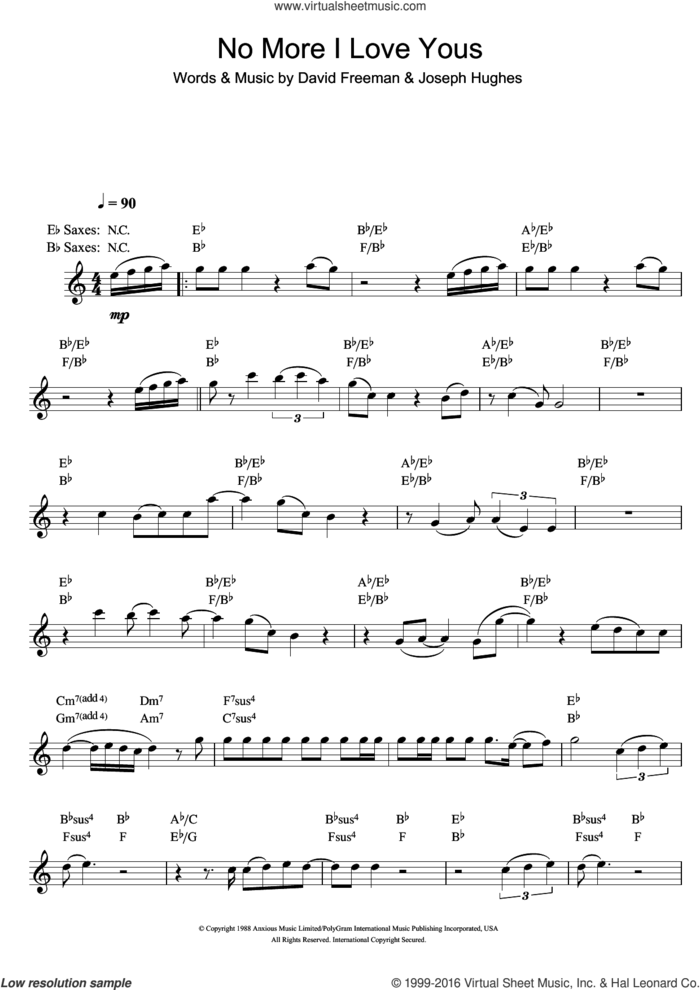 No More I Love Yous sheet music for saxophone solo by Annie Lennox, David Freeman and Joseph Hughes, intermediate skill level
