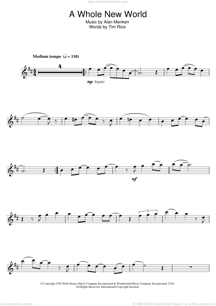 A Whole New World (from Aladdin) sheet music for clarinet solo by Alan Menken, Alan Menken & Tim Rice and Tim Rice, wedding score, intermediate skill level