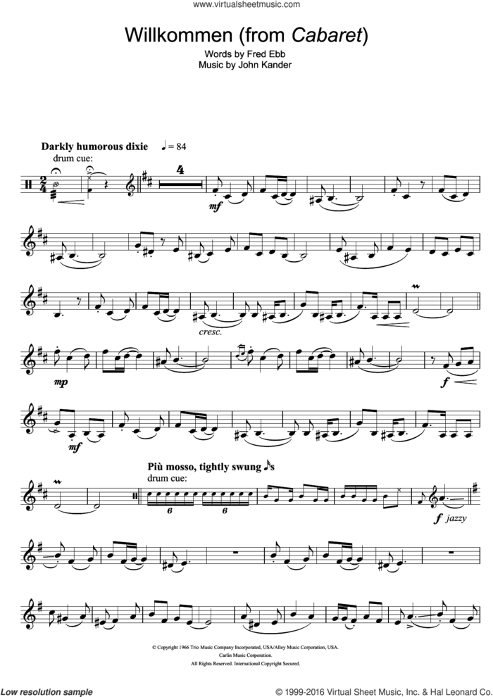 Willkommen (from Cabaret) sheet music for clarinet solo by Kander & Ebb, Fred Ebb and John Kander, intermediate skill level