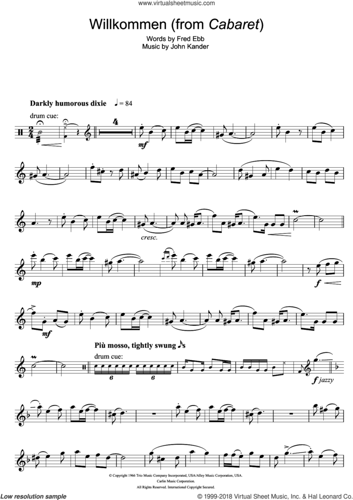 Willkommen (from Cabaret) sheet music for flute solo by Kander & Ebb, Fred Ebb and John Kander, intermediate skill level