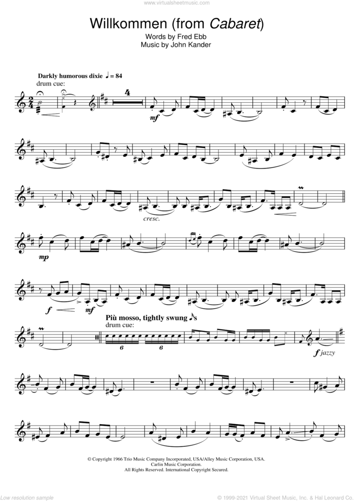 Willkommen (from Cabaret) sheet music for trumpet solo by Kander & Ebb, Fred Ebb and John Kander, intermediate skill level