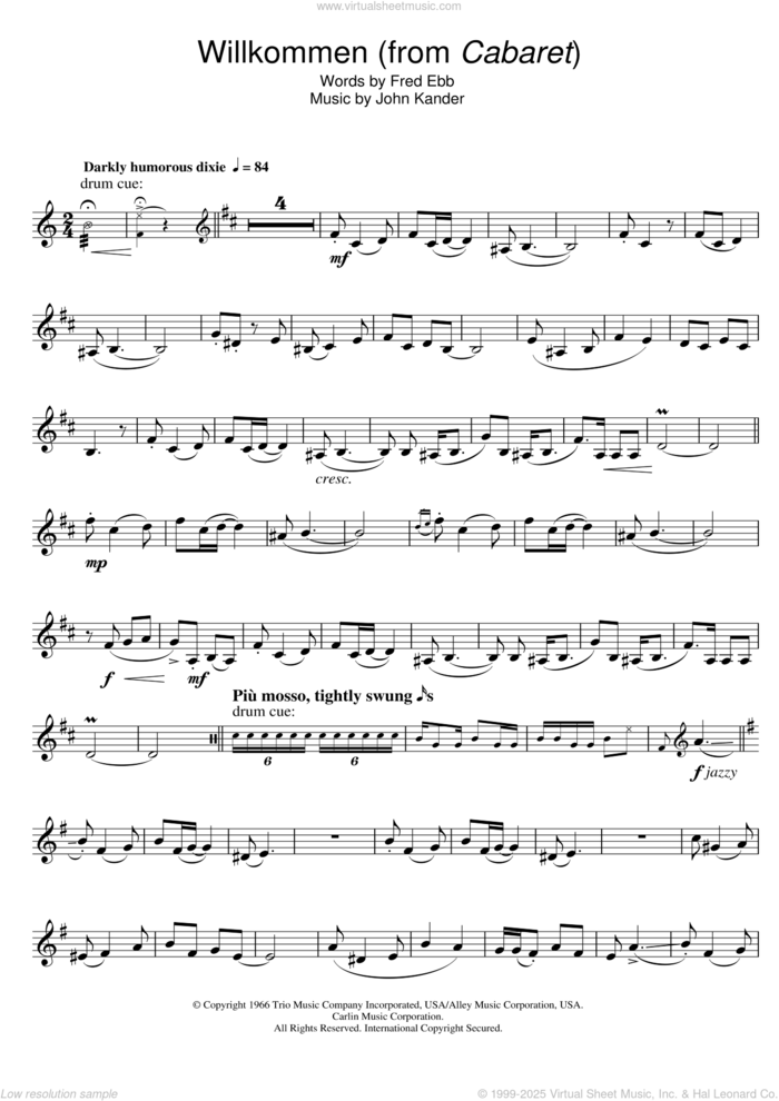 Willkommen (from Cabaret) sheet music for trumpet solo by Kander & Ebb, Fred Ebb and John Kander, intermediate skill level