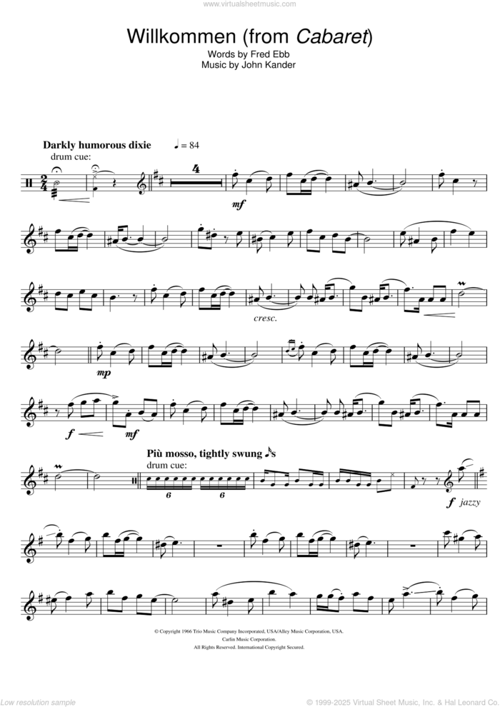 Willkommen (from Cabaret) sheet music for tenor saxophone solo by Kander & Ebb, Fred Ebb and John Kander, intermediate skill level