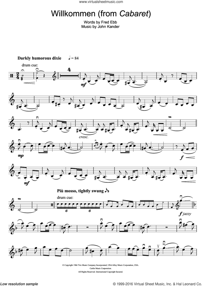 Willkommen (from Cabaret) sheet music for violin solo by Kander & Ebb, Fred Ebb and John Kander, intermediate skill level