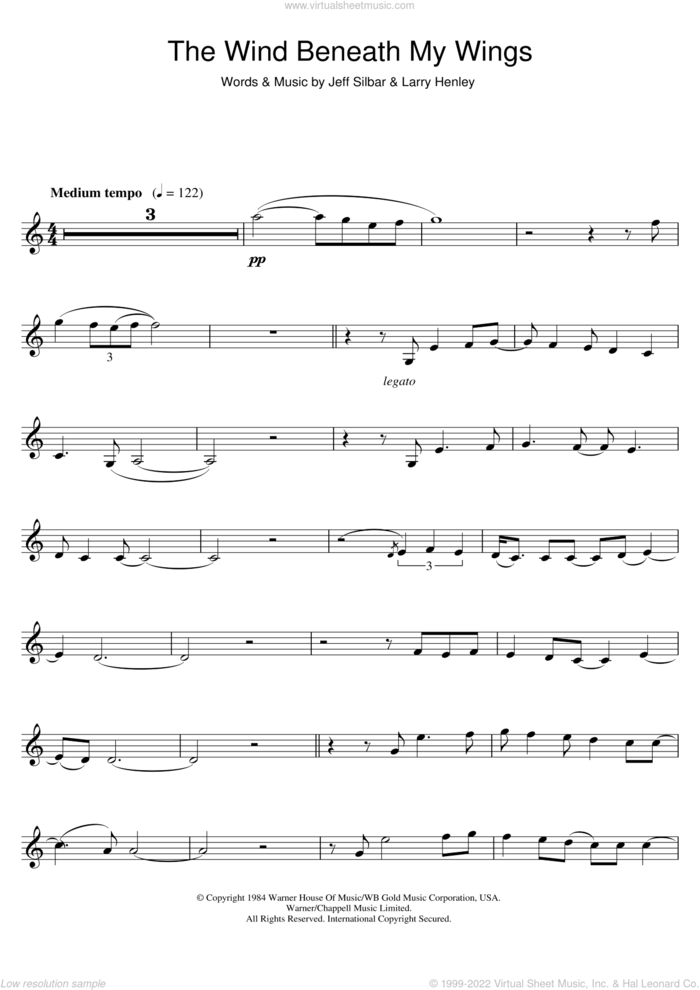 The Wind Beneath My Wings sheet music for clarinet solo by Bette Midler, Jeff Silbar and Larry Henley, wedding score, intermediate skill level