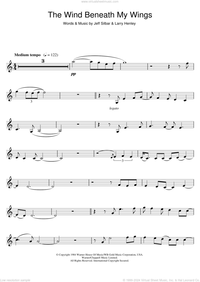 The Wind Beneath My Wings sheet music for clarinet solo by Bette Midler, Jeff Silbar and Larry Henley, wedding score, intermediate skill level