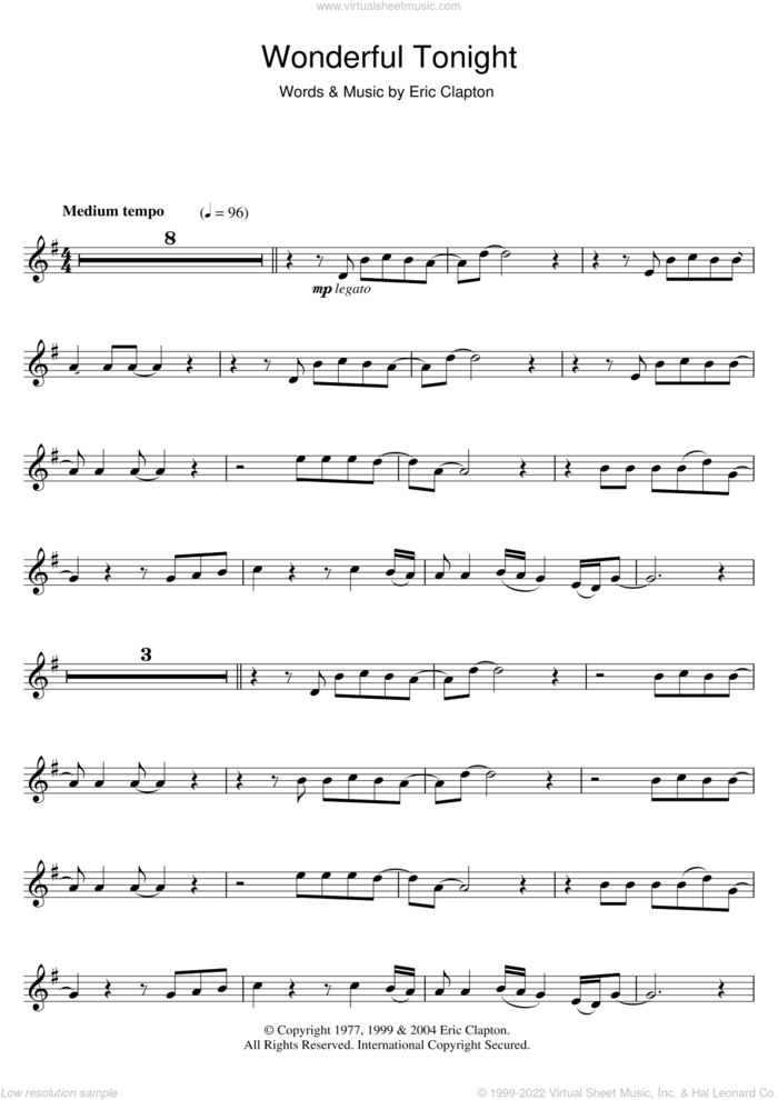 Wonderful Tonight sheet music for flute solo by Eric Clapton, wedding score, intermediate skill level