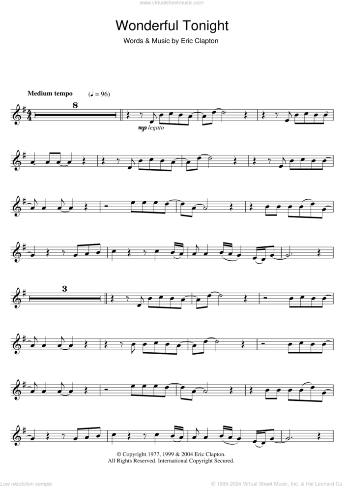 Wonderful Tonight sheet music for flute solo by Eric Clapton, wedding score, intermediate skill level