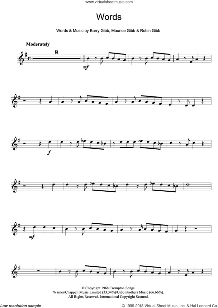 Words sheet music for flute solo by Bee Gees, Boyzone, Barry Gibb, Maurice Gibb and Robin Gibb, intermediate skill level