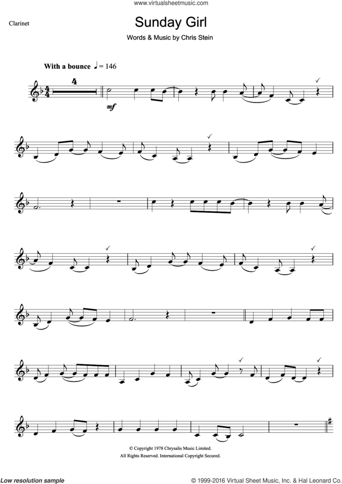 Sunday Girl sheet music for clarinet solo by Blondie and Chris Stein, intermediate skill level