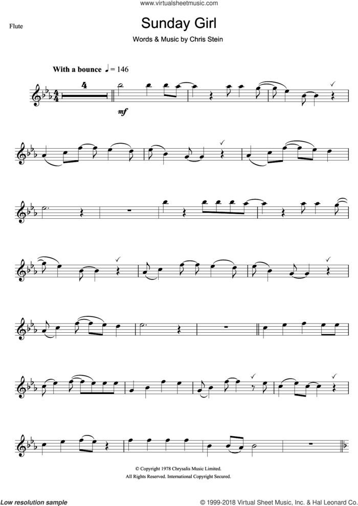 Sunday Girl sheet music for flute solo by Blondie and Chris Stein, intermediate skill level