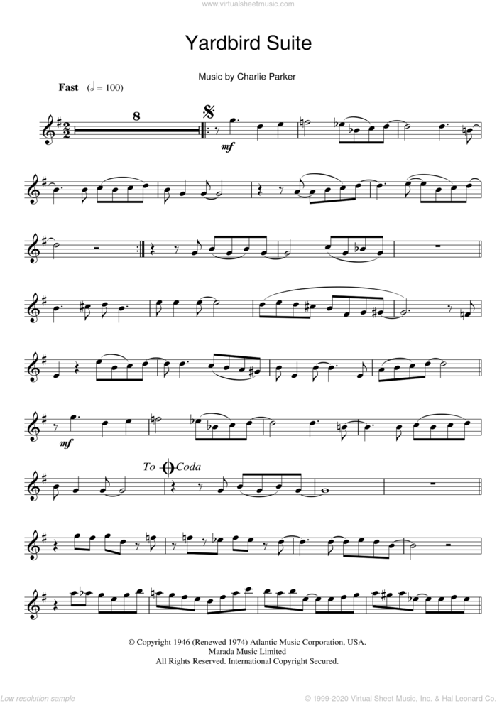 Yardbird Suite sheet music for clarinet solo by Charlie Parker, intermediate skill level