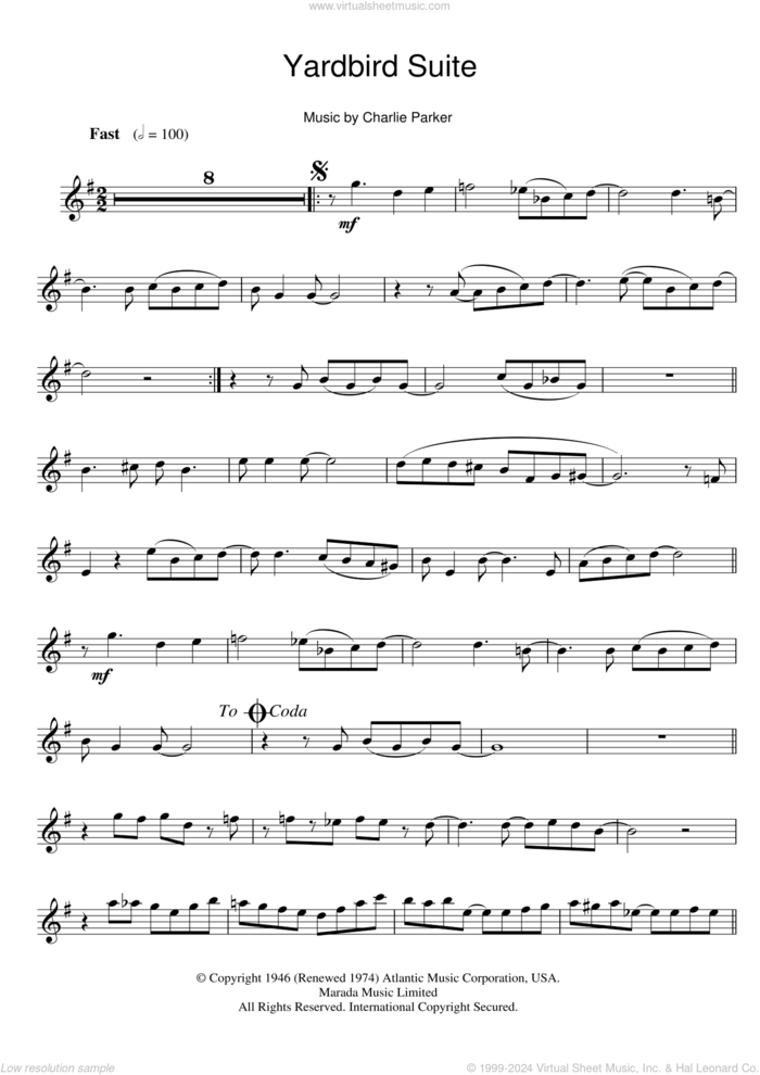 Yardbird Suite sheet music for clarinet solo by Charlie Parker, intermediate skill level