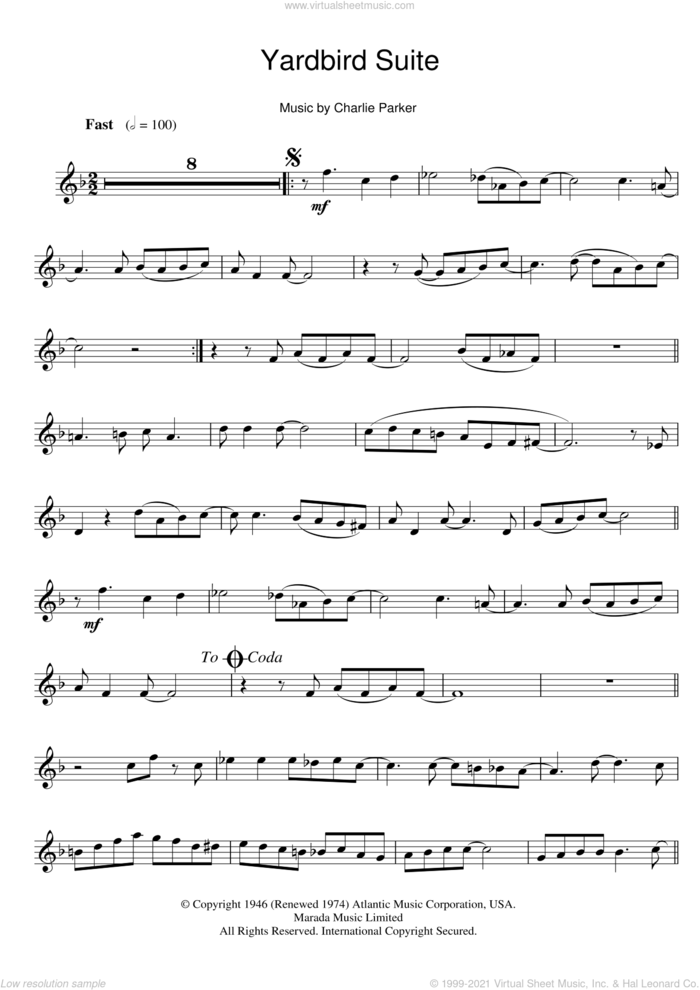 Yardbird Suite sheet music for flute solo by Charlie Parker, intermediate skill level