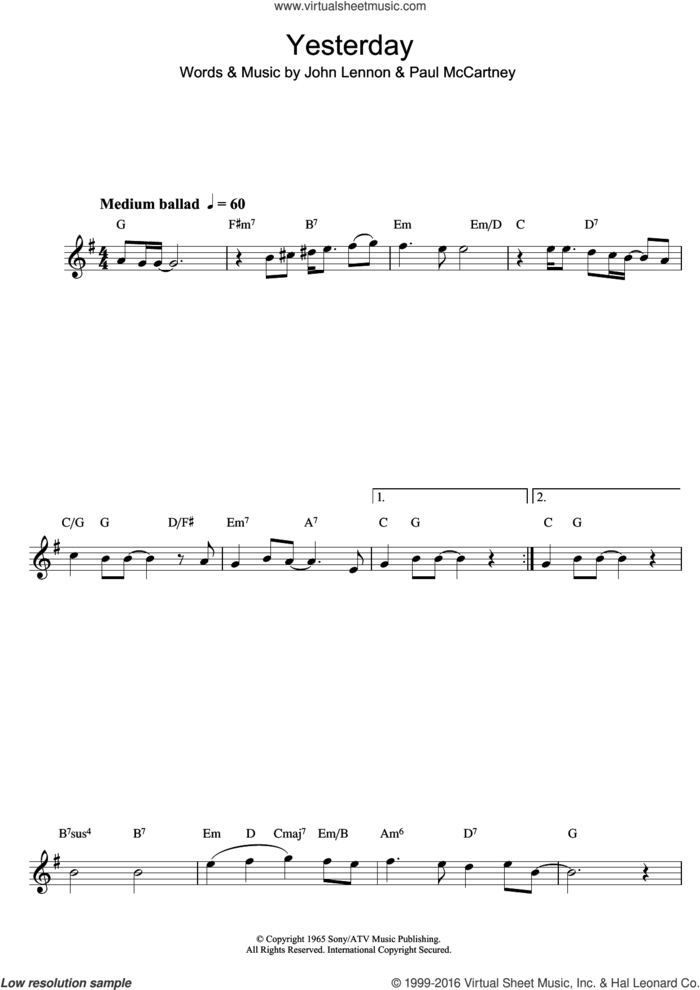 Yesterday sheet music for clarinet solo by The Beatles, John Lennon and Paul McCartney, intermediate skill level