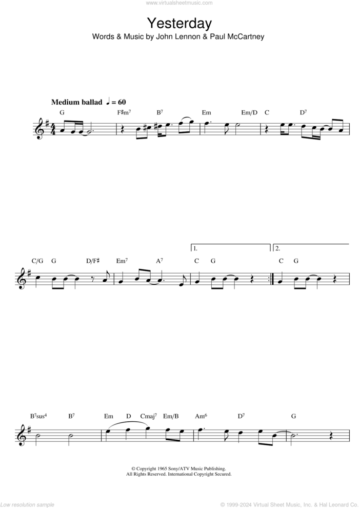 Yesterday sheet music for clarinet solo by The Beatles, John Lennon and Paul McCartney, intermediate skill level