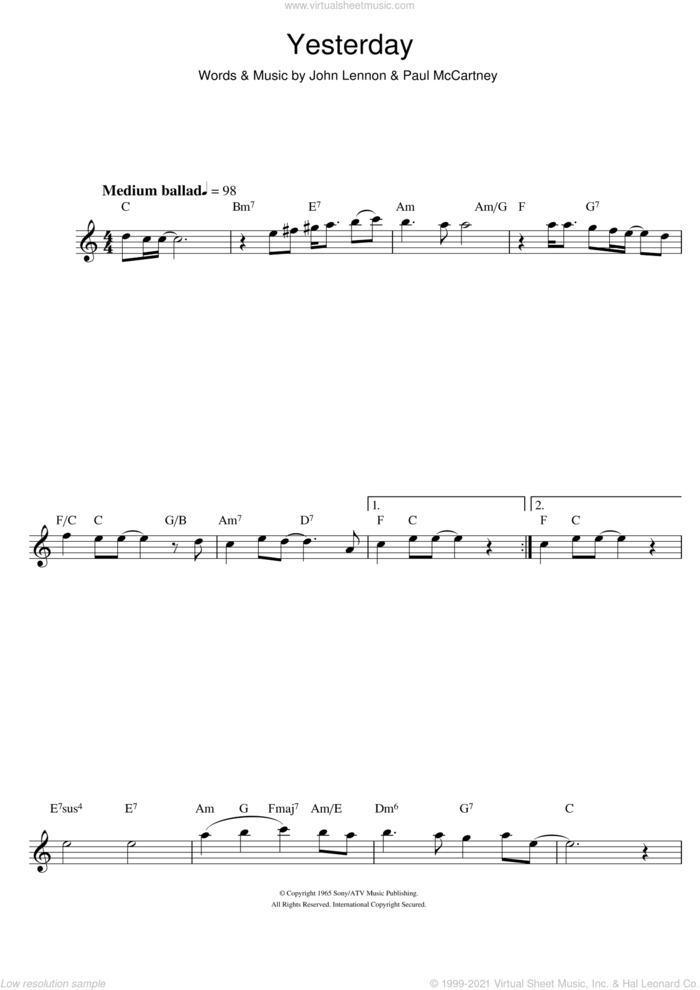 Yesterday sheet music for flute solo by The Beatles, John Lennon and Paul McCartney, intermediate skill level