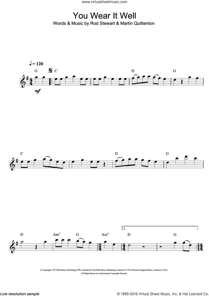 You Wear It Well sheet music for flute solo by Rod Stewart and Martin Quittenton, intermediate skill level