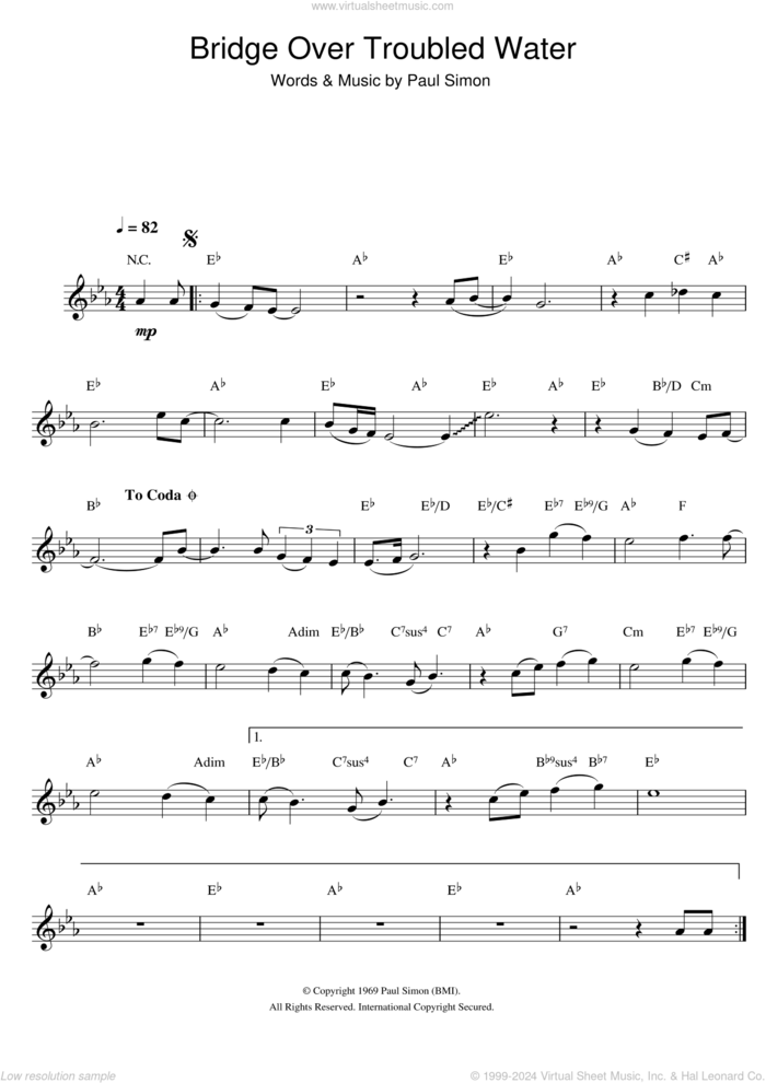 Bridge Over Troubled Water sheet music for clarinet solo by Simon & Garfunkel and Paul Simon, wedding score, intermediate skill level