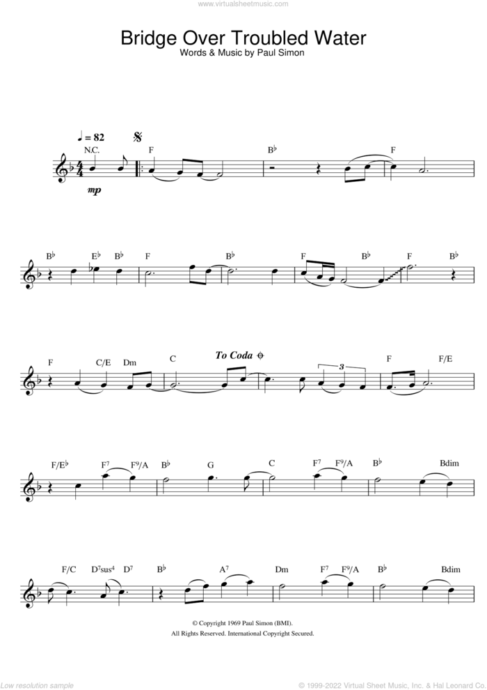 Bridge Over Troubled Water sheet music for flute solo by Simon & Garfunkel and Paul Simon, wedding score, intermediate skill level
