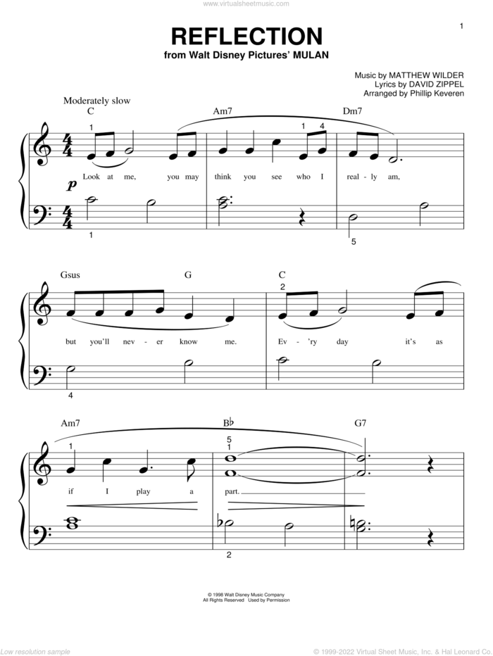 Reflection (from Mulan) (arr. Phillip Keveren) sheet music for piano solo (big note book) by Christina Aguilera, Phillip Keveren, Mulan (Movie) and Matthew Wilder & David Zippel, David Zippel and Matthew Wilder, easy piano (big note book)