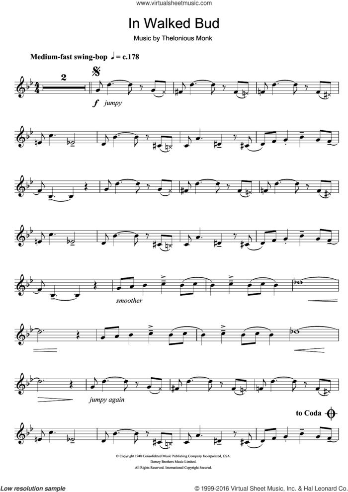 In Walked Bud sheet music for trumpet solo by Thelonious Monk, intermediate skill level