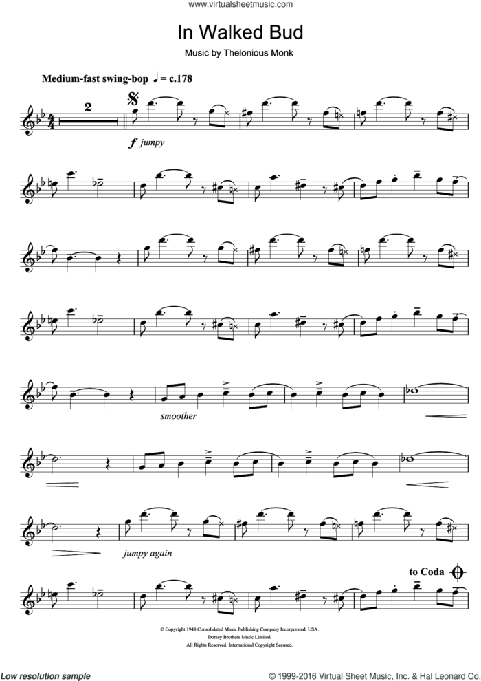 In Walked Bud sheet music for tenor saxophone solo by Thelonious Monk, intermediate skill level