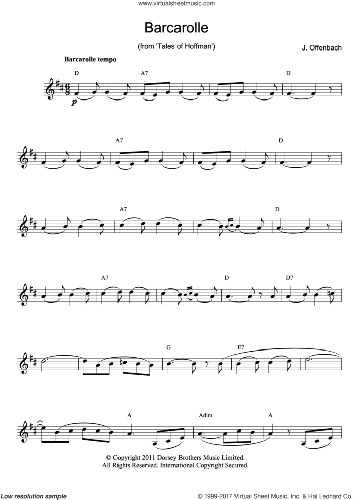 Barcarolle (from The Tales Of Hoffmann) sheet music for flute solo by Jacques Offenbach, classical score, intermediate skill level