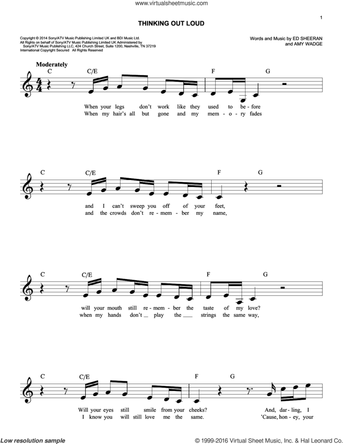 Thinking Out Loud sheet music for voice and other instruments (fake book) by Ed Sheeran and Amy Wadge, wedding score, intermediate skill level