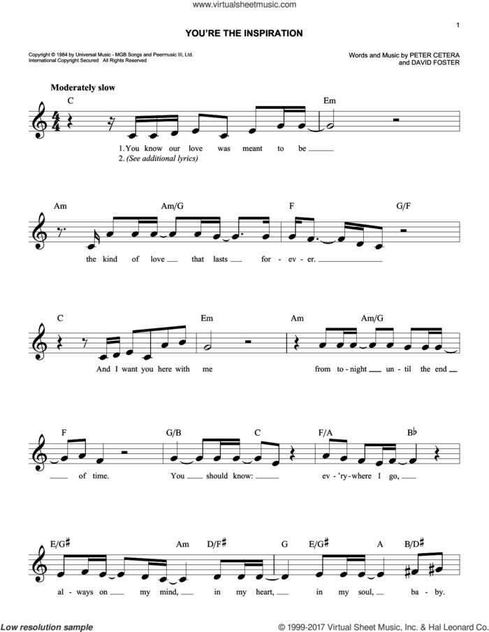 You're The Inspiration sheet music for voice and other instruments (fake book) by Chicago, David Foster and Peter Cetera, wedding score, easy skill level