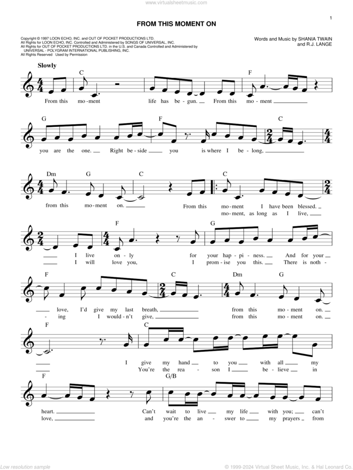 From This Moment On sheet music for voice and other instruments (fake book) by Shania Twain and Robert John Lange, wedding score, intermediate skill level