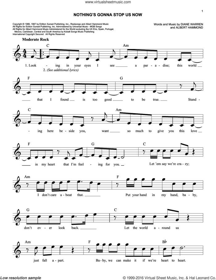 Nothing's Gonna Stop Us Now sheet music for voice and other instruments (fake book) by Starship, Albert Hammond and Diane Warren, easy skill level