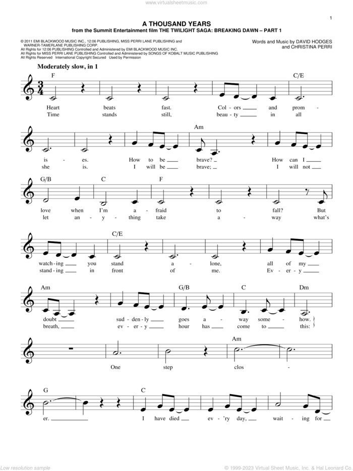 A Thousand Years sheet music for voice and other instruments (fake book) by Christina Perri and David Hodges, wedding score, easy skill level