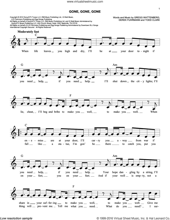 Gone, Gone, Gone sheet music for voice and other instruments (fake book) by Phillip Phillips, Derek Fuhrmann, Gregg Wattenberg and Todd Clark, easy skill level
