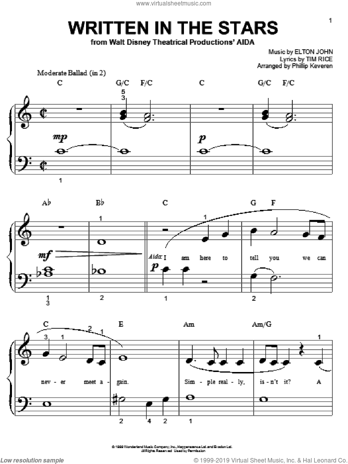 Written In The Stars (from Aida) (arr. Phillip Keveren) sheet music for piano solo (big note book) by Elton John, Phillip Keveren, Aida (Musical), LeAnn Rimes and Tim Rice, easy piano (big note book)