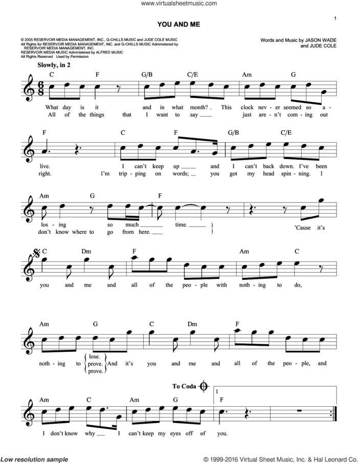 You And Me sheet music for voice and other instruments (fake book) by Lifehouse, Jason Wade and Jude Cole, wedding score, easy skill level