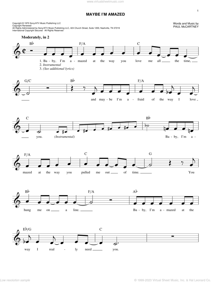 Maybe I'm Amazed sheet music for voice and other instruments (fake book) by Paul McCartney, intermediate skill level