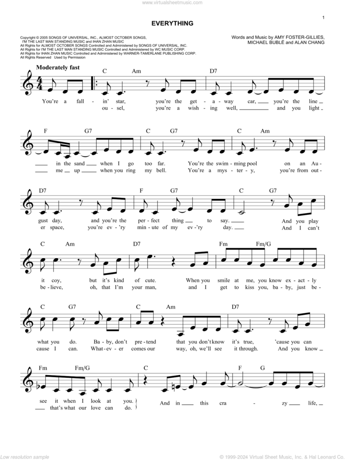 Everything sheet music for voice and other instruments (fake book) by Michael Buble, Alan Chang and Amy Foster-Gillies, wedding score, easy skill level