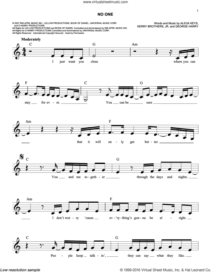 No One sheet music for voice and other instruments (fake book) by Alicia Keys, George Harry and Kerry Brothers, easy skill level