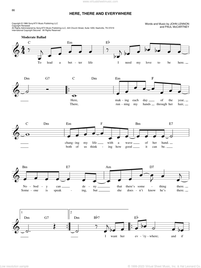 Here, There And Everywhere sheet music for voice and other instruments (fake book) by The Beatles, George Benson, John Lennon and Paul McCartney, wedding score, easy skill level