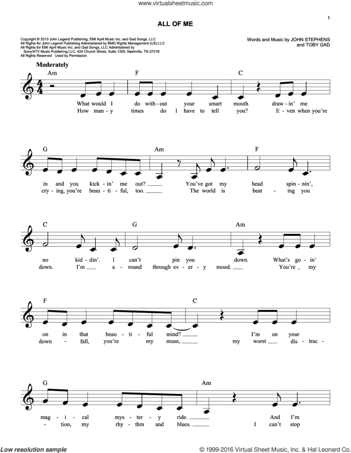 All Of Me sheet music for voice and other instruments (fake book) by John Legend, John Stephens and Toby Gad, wedding score, easy skill level