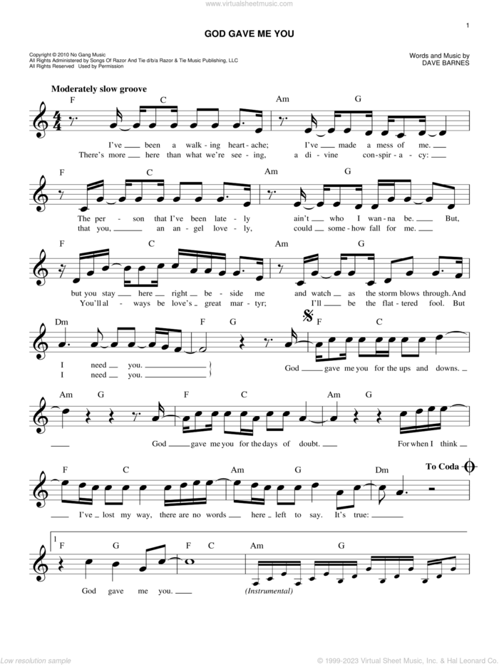 God Gave Me You sheet music for voice and other instruments (fake book) by Blake Shelton and Dave Barnes, wedding score, easy skill level