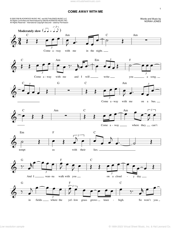 Come Away With Me sheet music for voice and other instruments (fake book) by Norah Jones, easy skill level